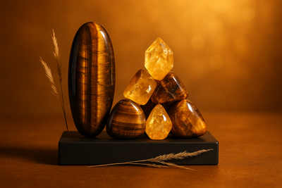 Confidence & Willpower（自信与意志力）
主体：以「虎眼石（Tiger’s Eye）」的金棕色纹理和「黄水晶（Citrine）」的亮黄色为主，宝石可呈 “直立摆放” 或 “堆叠成稳固形状”（如小金字塔），象征 “坚定、力量”。
背景 / 氛围：暖金色 / 琥珀色渐变底色，加入细微的阳光光斑；或搭配哑光黑色底座，形成 “明暗对比”，突出宝石的光泽与 “气场感”。
细节：可在宝石旁点缀 1-2 根干燥的芦苇（象征 “坚韧不拔”），避免画面单调。
