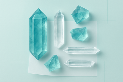 Mental Clarity & Focus（思维清晰与专注）
主体：「萤石（Fluorite）」（多为蓝绿色透明晶体，自带 “通透感”）和「白水晶（Clear Quartz）」为核心，宝石可呈 “平铺排列” 或 “悬浮于浅背景中”，强调 “无杂质、清晰”。
背景 / 氛围：浅蓝 / 薄荷绿的浅色系底色，加入极淡的 “几何线条”（如直线、极简网格），暗示 “逻辑、条理”；避免复杂图案，防止干扰 “专注” 的主题。
细节：可在宝石下方垫一张半透明的白色硫酸纸，增加画面的 “轻盈感” 与 “洁净感”。