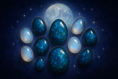 Spiritual Awakening & Intuition（灵性觉醒与直觉）
主体：「拉长石（Labradorite）」（带有蓝绿色晕彩，像 “星空”）和「月光石（Moonstone）」（乳白色带淡蓝光泽，贴合 “月亮、灵性”）为主，宝石可呈 “环绕式摆放” 或 “置于模拟夜空的背景中”。
背景 / 氛围：深靛蓝 / 暗紫色底色，点缀细碎的银色光点（模拟星光）；或加入柔和的 “月亮轮廓”（半透明效果），传递 “神秘、内在探索” 的氛围。
细节：可在宝石周围画极淡的 “光晕”，增强 “灵性发光” 的视觉感。

